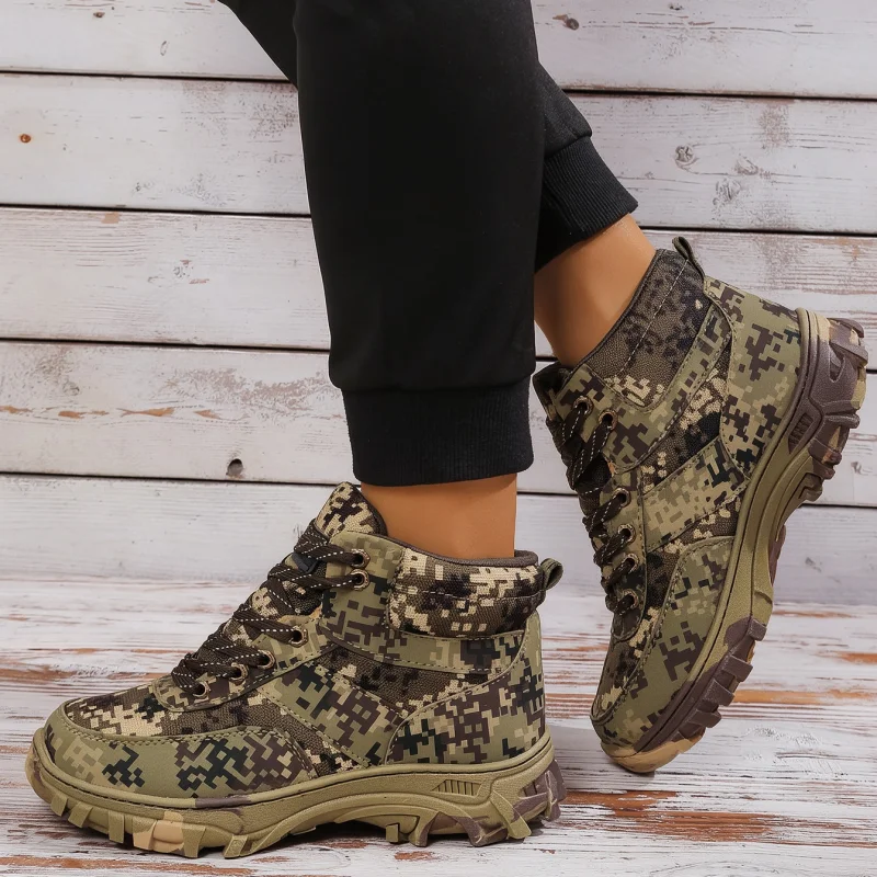 Bottes d’hiver montantes pour hommes et femmes, polyvalentes, avec semelles épaisses en caoutchouc, doublure en polaire, conception chaude, bottes de randonnée d’extérieur à lacets.