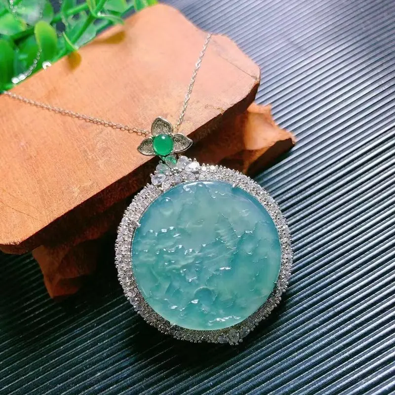 S925 Silver Inlay Natural A- Level Blue round Landscape Necklace Jade Pendant