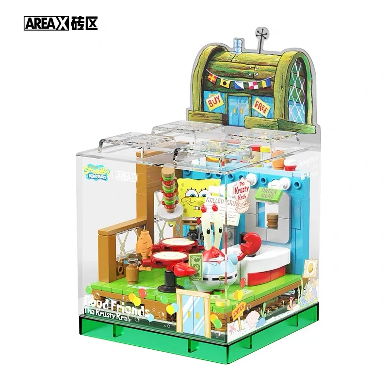 Kotak Asli DIY Anime SpongeBob SquarePants Rakitan Blok Bangunan Model Figur Mainan Krusty Krab Anchor House Hadiah Anak-anak