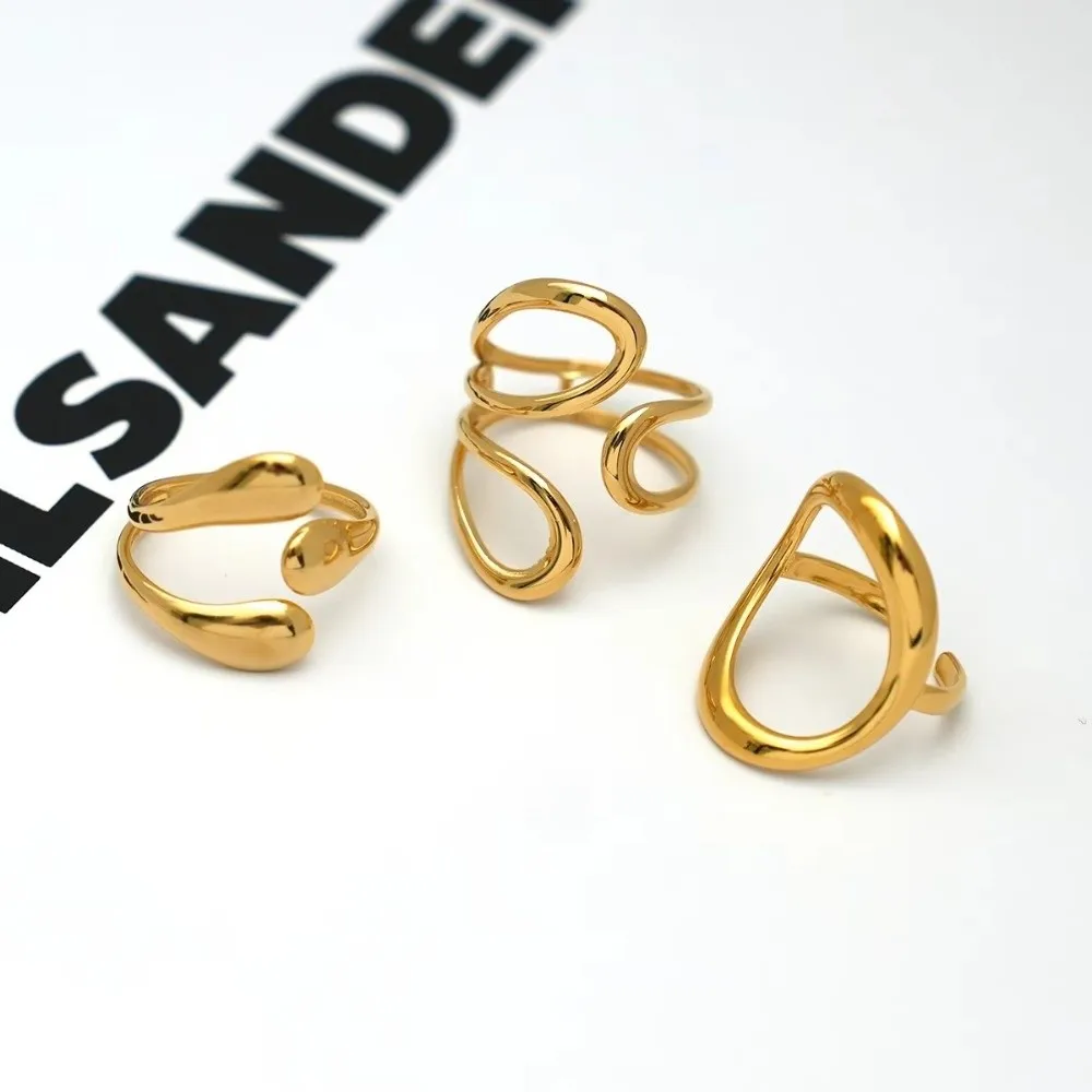 Aesthetic Vintage Geometric Rings Gold Plated Stainless Steel Line Rings Minimalist Opening Design Large Rings