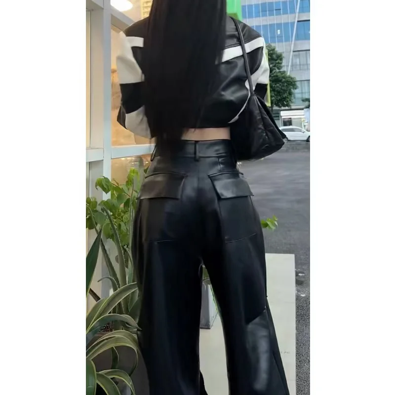 Straight tube loose fitting leather pants 2023 autumn new pleated slim high street versatile casual pants wide leg pants