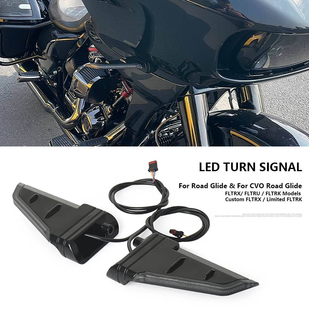

New For Harley Road Glide FLTRX FLTRK FLTRU 2015-2023 Motorcycle Side LED Turn Signal Flowing Lights Double flashing Lamps Black
