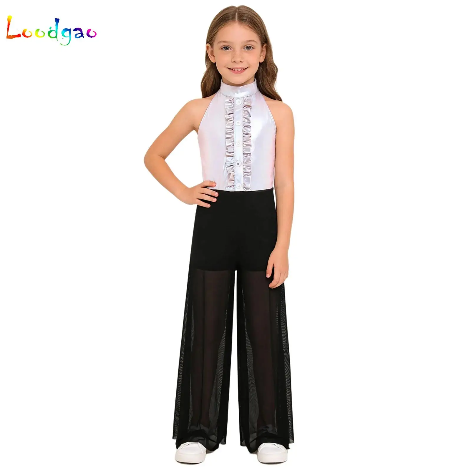 

Kids Girls Ballet Lyrical Dance Performance Unitards Jumpsuit Costume Ruffles Metallic Bodice Mesh Split Wide-Leg Bodysuit