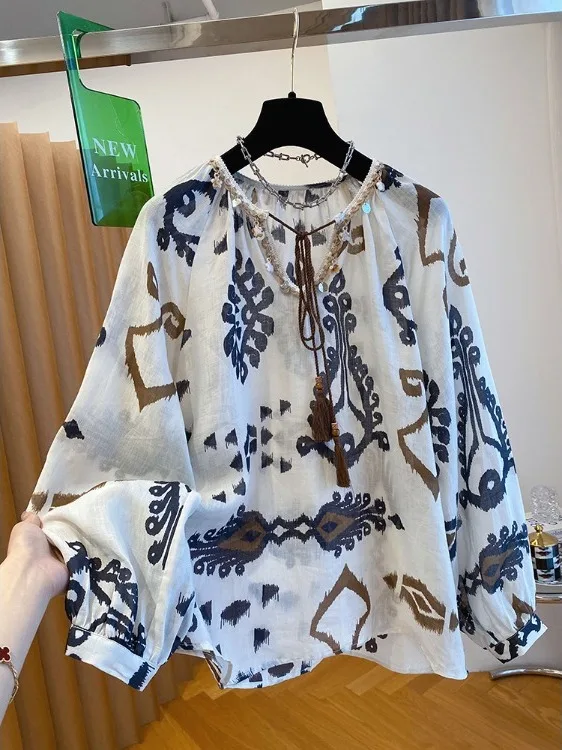 

N Sle Хлопково-льняная футболка с принтом, женский летний топ большого размера с поясом V-Ne Long Sve, защита от солнца, повседневная...