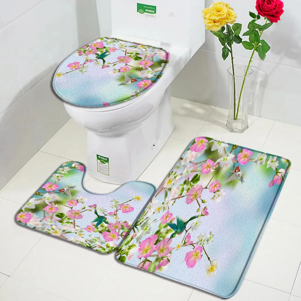 Pink Rose Floral Bath Mat Set Green Leaves Flowers Rustic Home Carpet Non-Slip Bathroom Decorative Floor Rugs Toilet Lid Cover