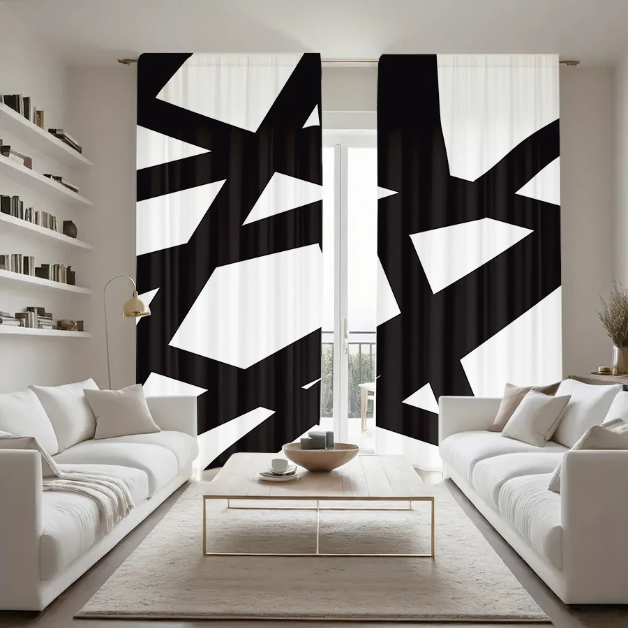 2 Stück schwarz-weiße Vorhänge mit künstlerischem Linienmuster und Stangenfutter-Design, geeignet für Schlafzimmer und Wohnzimmer