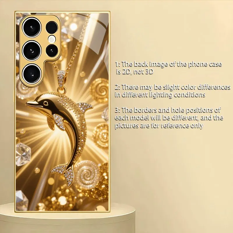 Golden Dolphin electroplated glass phone case suitable for Samsung Galaxy S26 S25 S24 S23 S22 S20 FE/Ultra/Plus anti drop