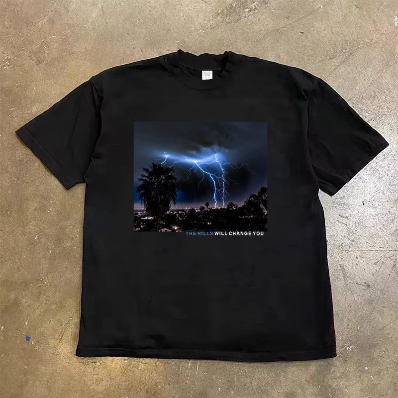 

Pound Opaque, Lightning And Thunder Night American Retro Short-sleeved T-shirt Tide Camisetas T-shirts