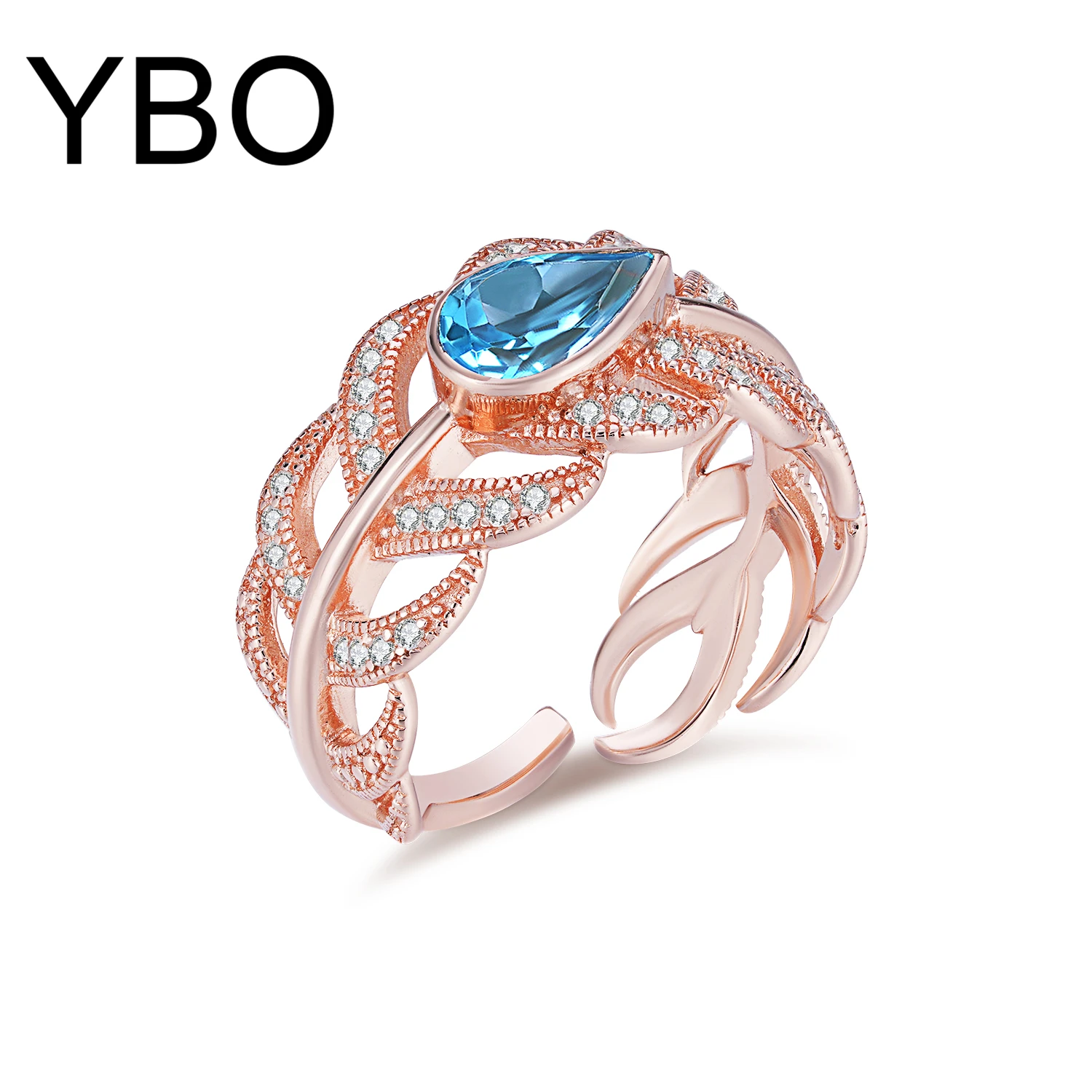 

YBO Water Drop Swiss Blue Topaz Rings Women Rose Gold Plated 925 Sterling Silver Leaf Opening Ring Luxury Jewel Adjustable Ring