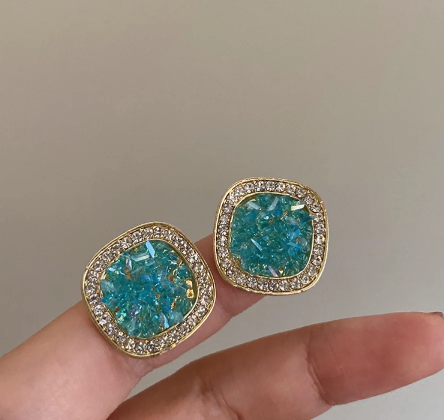 S925 silver needle copper gold plated square Retro Blue Crystal Earrings for women Fashion Jewelry