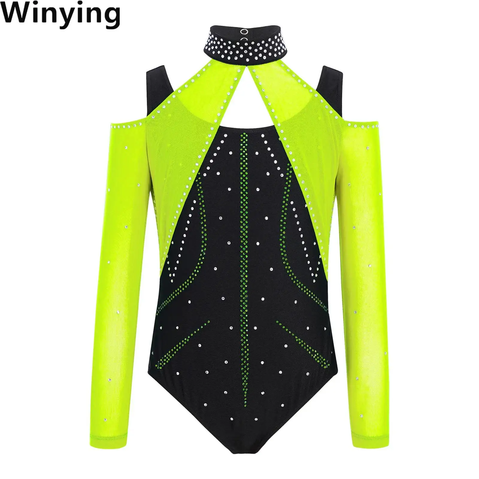 

Kids Girls Dance Figure Skating Gymnastics Jersey Leotards Performance Costume Long Sleeve Rhinestones Color Block Mesh Bodysuit