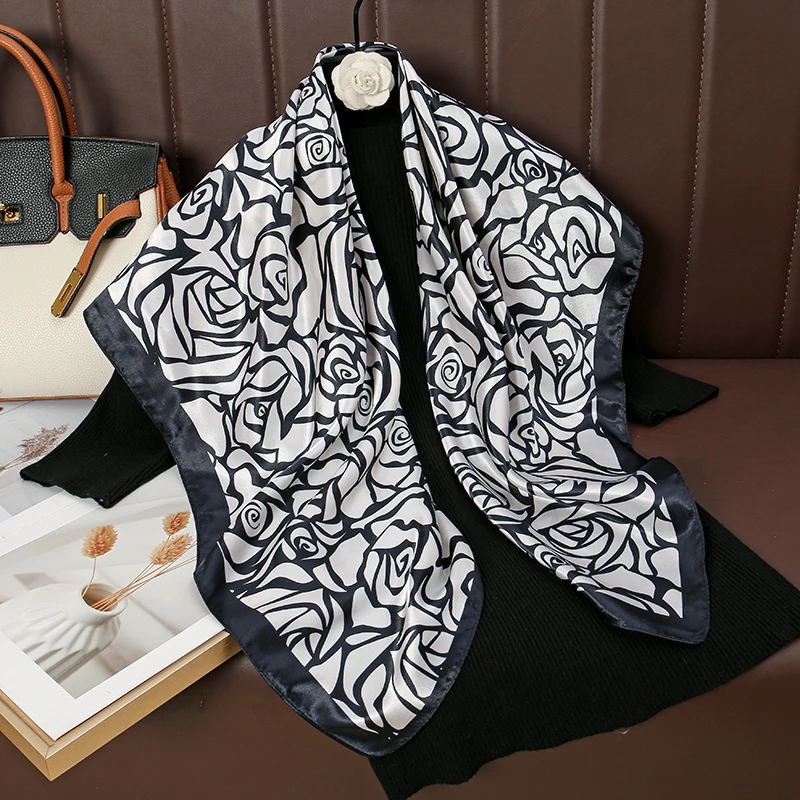 Luxury Floral Silk Feel Square Scarf Women Soft Satin Kerchief Hairband Neckerchief Head Hijab Lady Headband Foulard Bag Ribbon