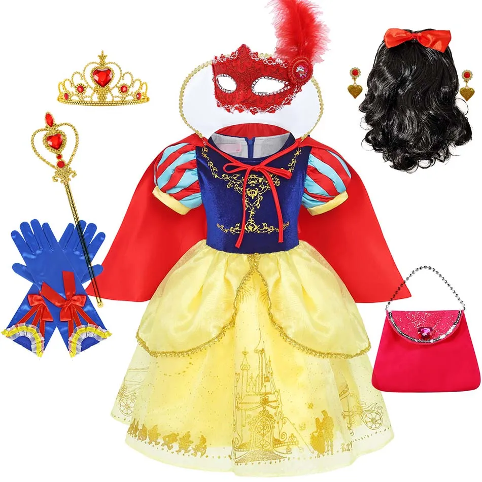 Disfraz de Blancanieves de lujo para niños y niñas, traje de princesa con lentejuelas de encaje y capa, regalo sorpresa de cumpleaños, vestido elegante de retazos