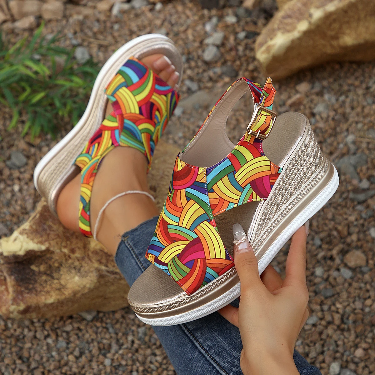 

Rainbow Graffiti Wedge Heels Sandals for Women Summer 2025 Peep Toe Platform Sandals Woman Buckle Strap Thick Bottom Beach Shoes