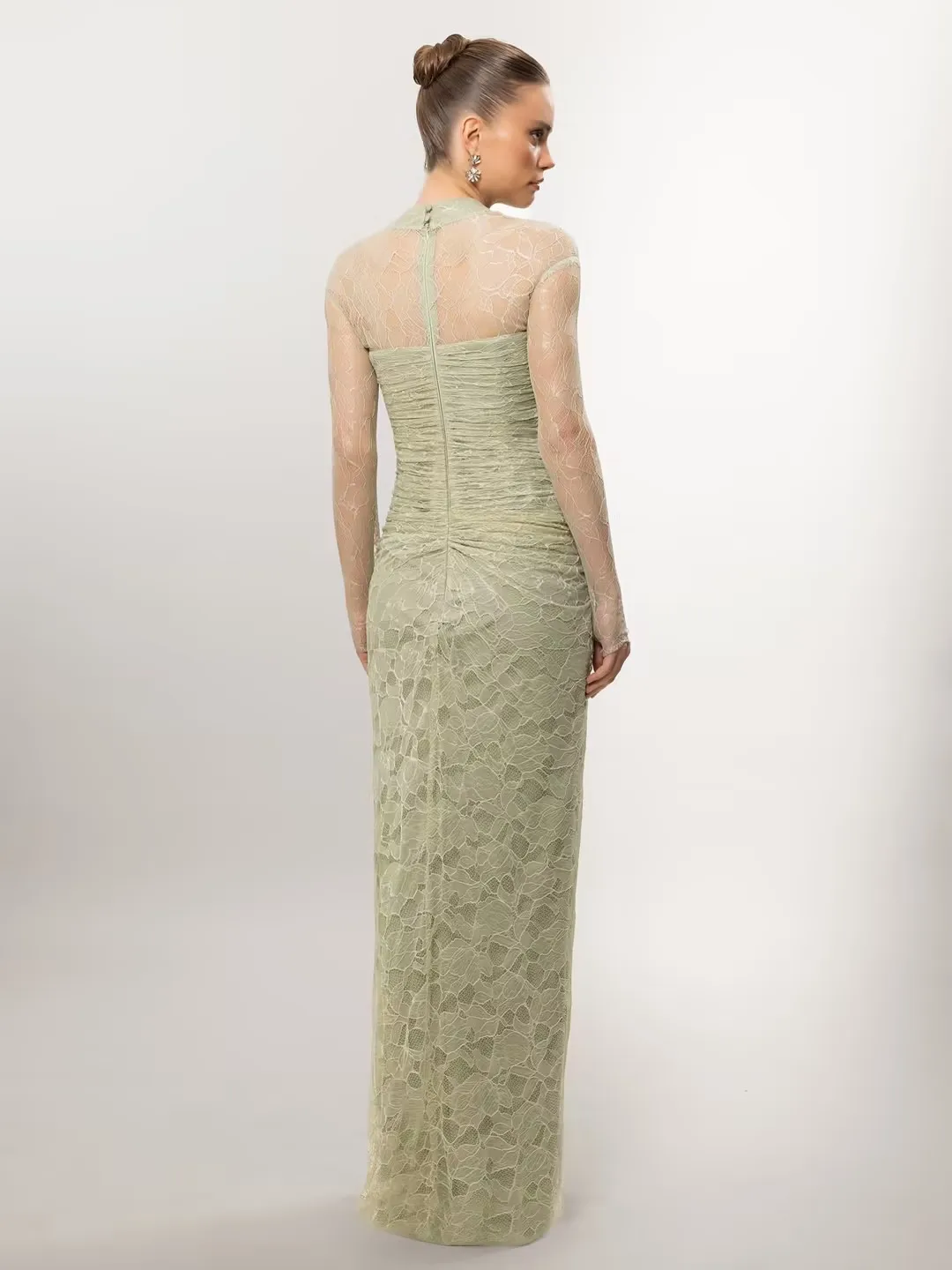 Verngo Brown Lace Evening Dress High Neck Full Sleeves Mermaid Prom Gowns Pleated Arabia Formal Occasio Dress Customized image 3