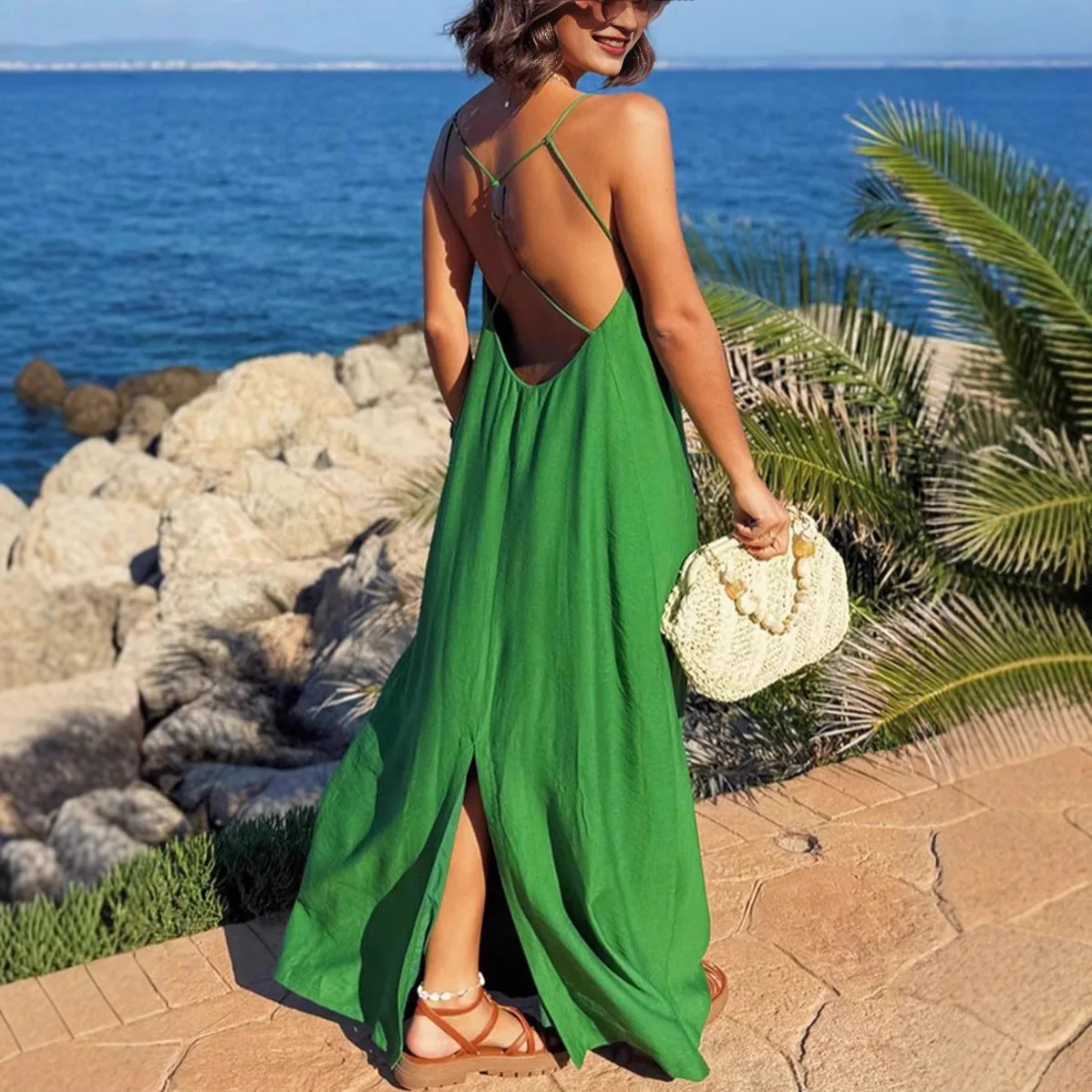 Summer Camis Dress Women Fashion Casual Loose Backless Vacation Dress Solid Color Loose Long Beach Mid-Length Dress