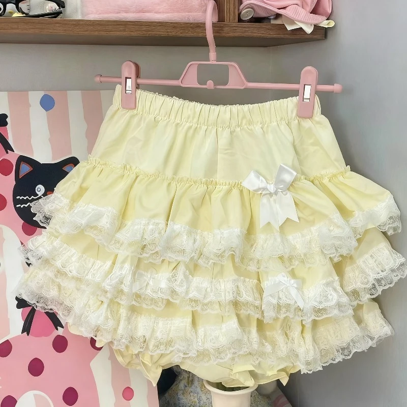 

2026 Japanese Sweet Kawaii Mini Skirt Women Y2k Cute Bow Lace Ruffle Short Skirt Design Casual Lovely Fashion High Waist Skirt