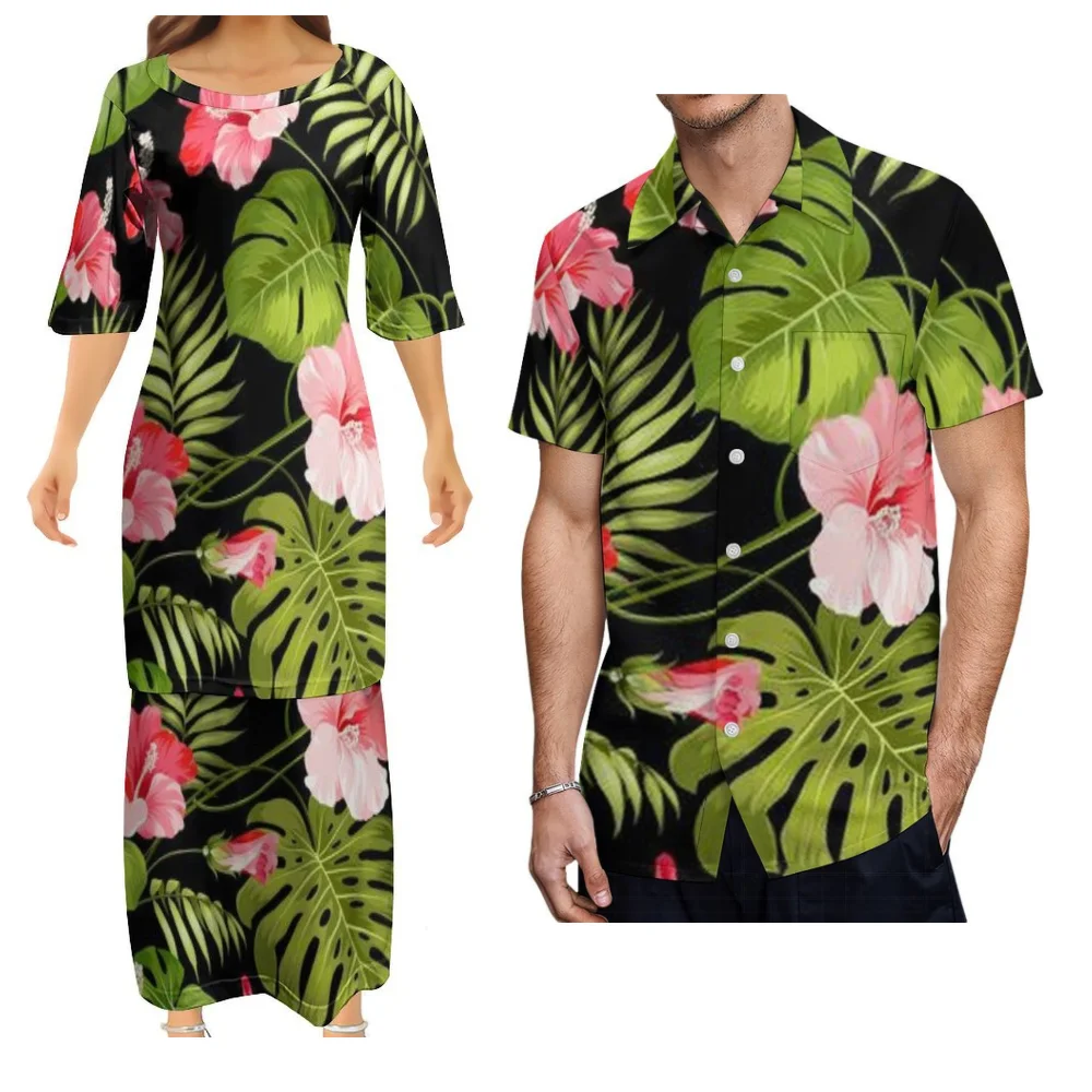 Conjuntos de Vestidos Puletasi Personalizados para Casais de Ilhas Polinésias em Duas Peças e Camisa Masculina com Bolso de Tonga e Fiji Inovadora