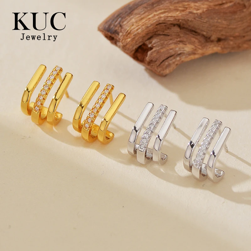 

Trendy Minimalist Fine Jewelry 925 Sterling Silver 18K Gold Plated Zircon Triple Hook Stud Earrings Women