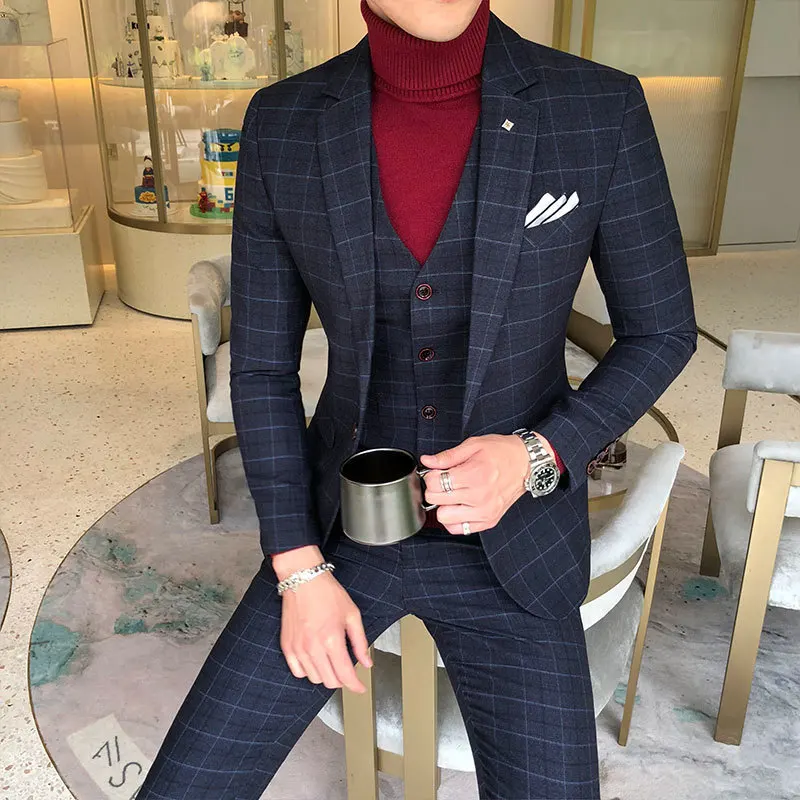 Luxury Men Slim Fit Check Suit Men Business Office Formal Suits 3 Pcs Set Blazers Pant Casual Wedding Social Tuxedo Dress Homme