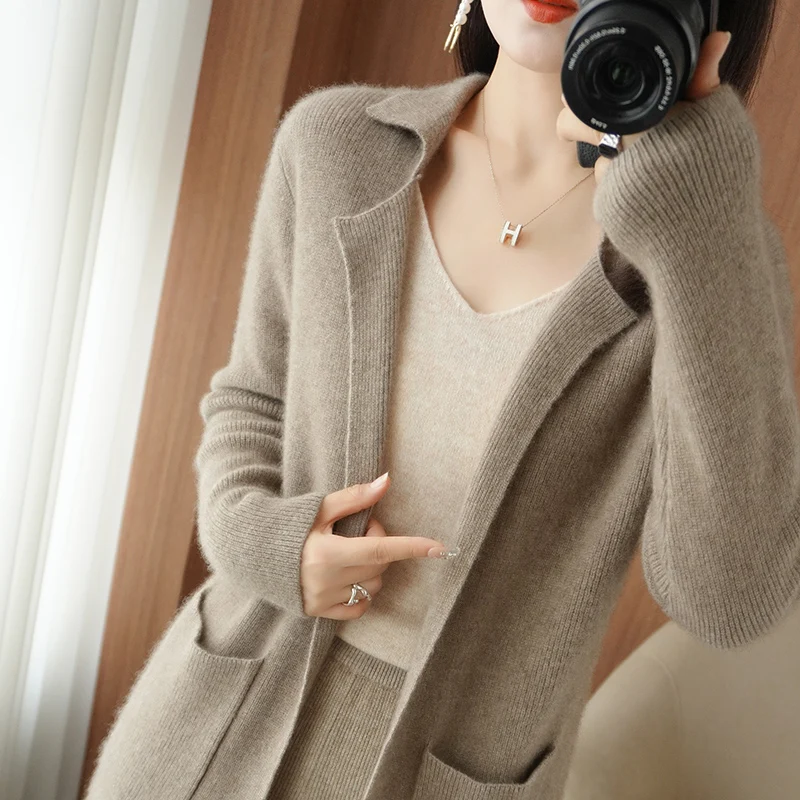 2022 Autumn/Winter New Fashion 100% Wool Cardigan Women\'s Long Sleeve Knitted Jacket Female Loose Coat Sweater Standard Spring