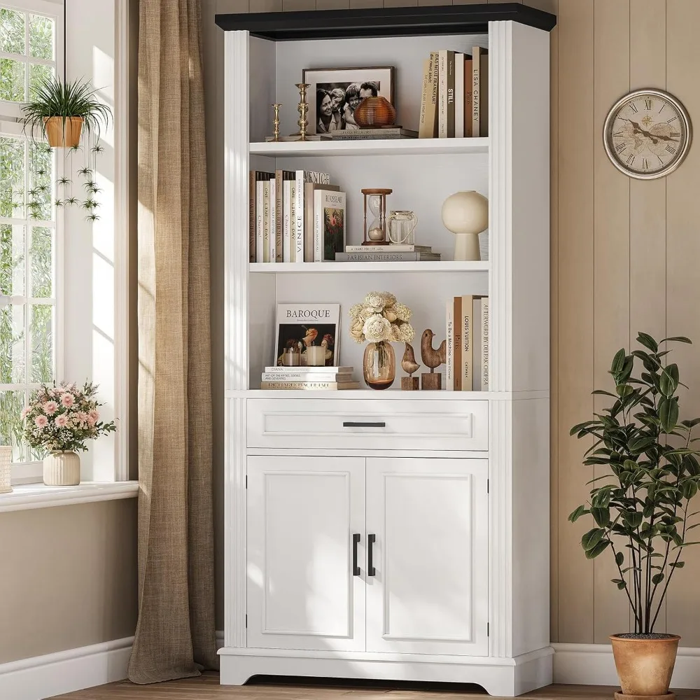 

Farmhouse Bookshelves and Bookcases with Doors and Drawer, Bookshelf with Storage, Floor Standing 6 Shelf Display Storage Shelv