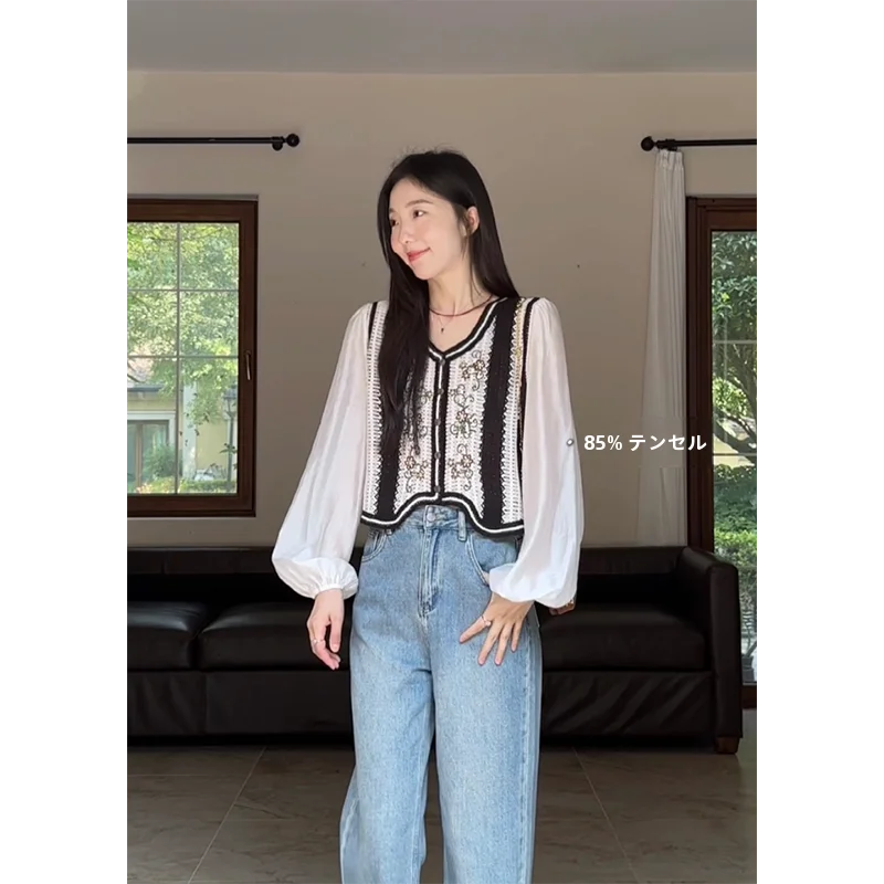 

Heavyweight Silk Hollow out Hook Flower Splicing Women's Shirt Versatile Autumn Top by Guo Jiujiu Commute Style Lantern Sleeve