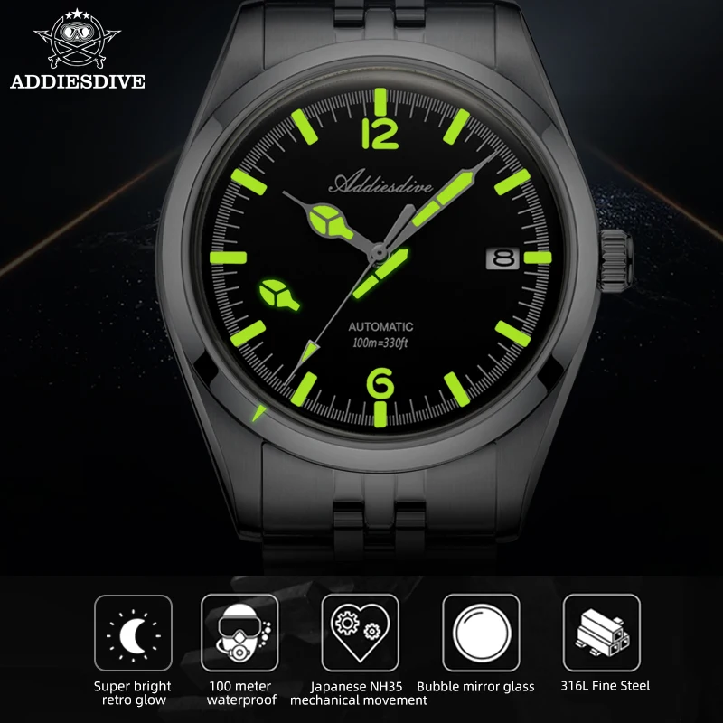 Addiesdive relógio masculino automático de aço inoxidável calendário exibição negócios lazer c3 luminoso à prova dwaterproof água 100m relógio de pulso ad2038