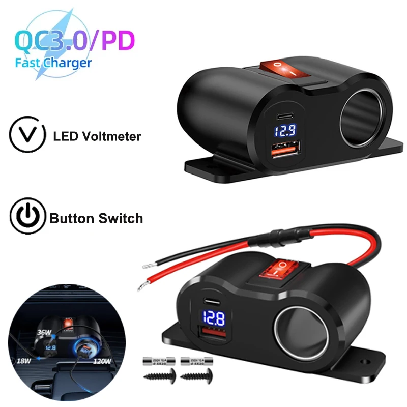 120W Dual USB Outlet Cigarette Lighter Socket Splitter with LED Voltmeter, 12V Car Charger Power Adapter  for RV Marine Boat