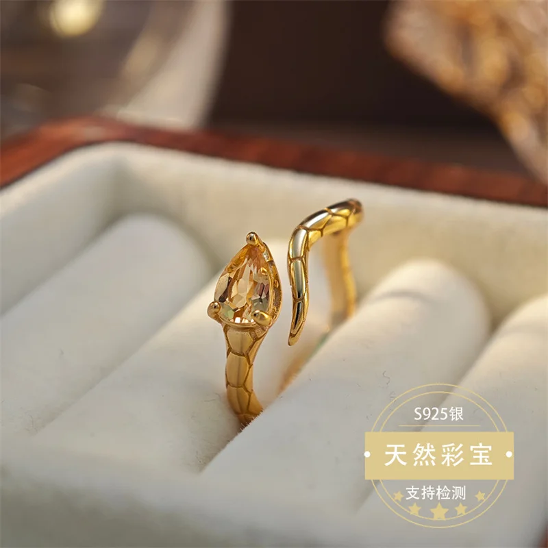 

925 Silver Natural Gemstone Index Finger Ring Snake Shape Resizable Size Genuine Real Amethyst Citrine Peridot with Certificate