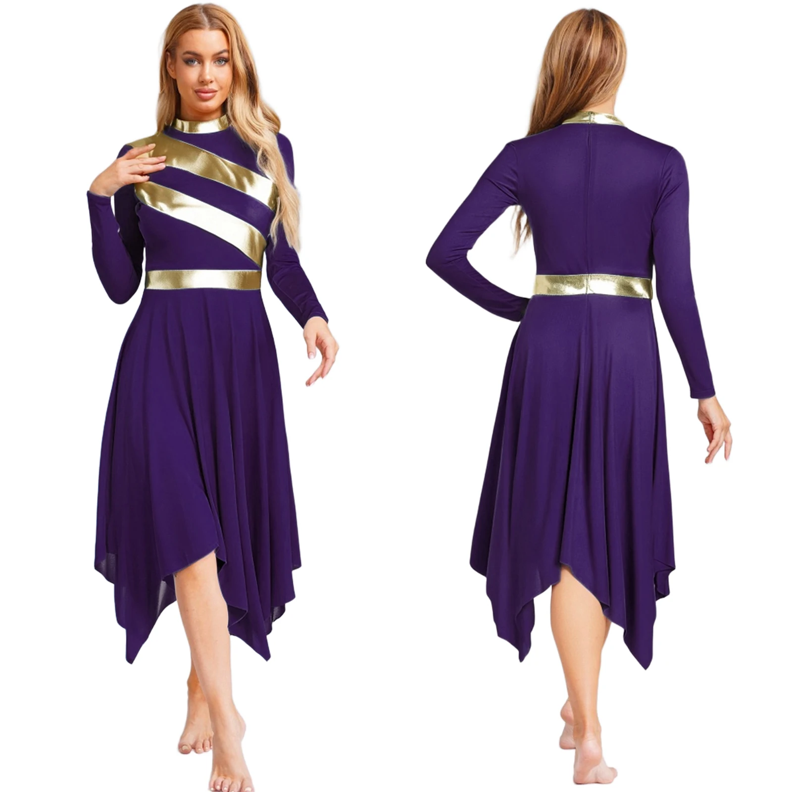 

Womens Jazz Costume Metallic Tunic Liturgical Lyrical Dance Costume Patchwork Worship Praise Dress Long Sleeve Irregular Dress