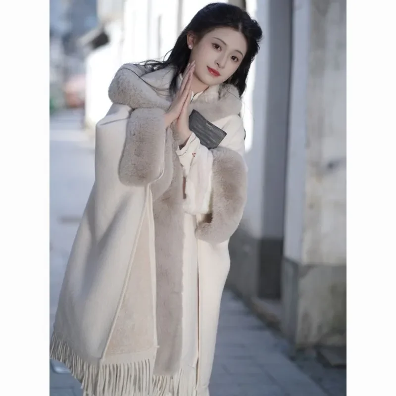 Large Fur Collar Cloak Shawl Fleece-lined and Thickened Imitation Rex Rabbit Fur Hooded Sweater Top Tassel Coat Ms.temperament