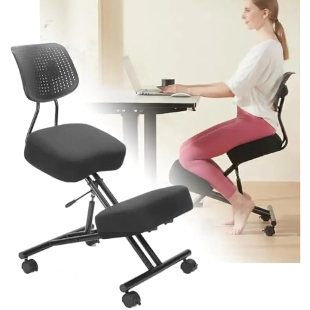 Ergonomic kneeling chair with adjustable height hydraulic lift breathable linen upholstery silent lockable casters optional back