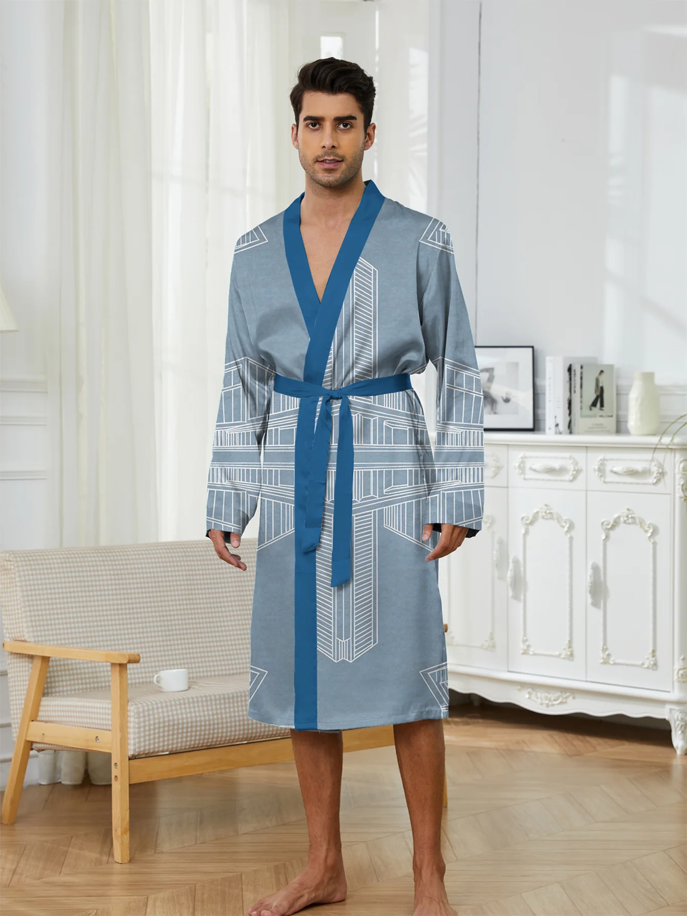 Digital printed spring and autumn thin men's nightgown dries quickly without fading, skin friendly home sleepwear and bathrobe