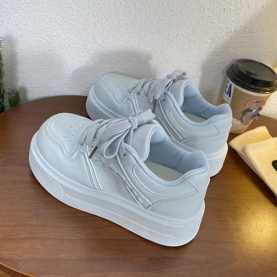 Niedliche Katzenpfoten-Absatz-Print-Plateau-Skate-Sneaker für Damen, blaue Kunstleder-Schnürschuhe, lässige, einfarbige Board-Schuhe für Teenager. – Detail 8