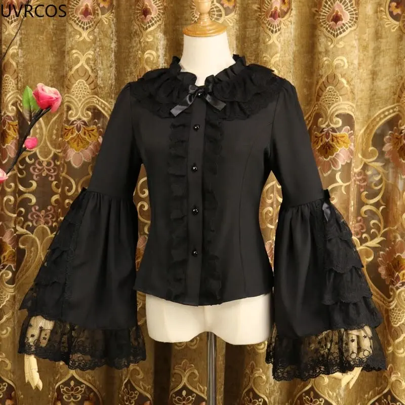 Japanese Victorian Gothic Lolita Blouse Women Kawaii Lace Ruffles Flare Sleeve Shirts Tops Female Vintage Elegant Inside Blouses