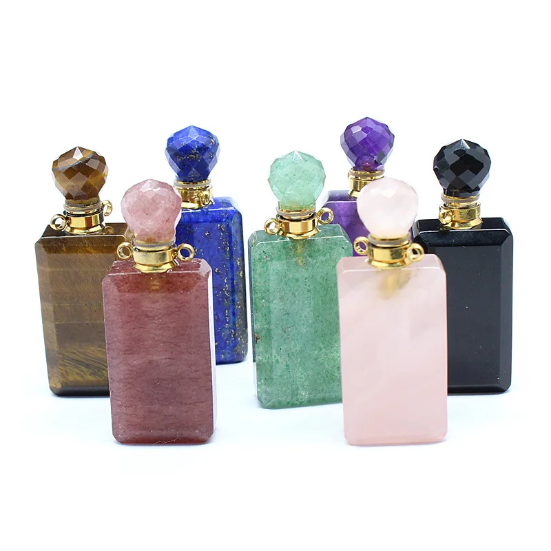 Mini Perfume Bottle Natural Crystal Rectangle Pendant Rose Quartz Essential Oil Vial Charm Refillable Stone Fragrance Bottle