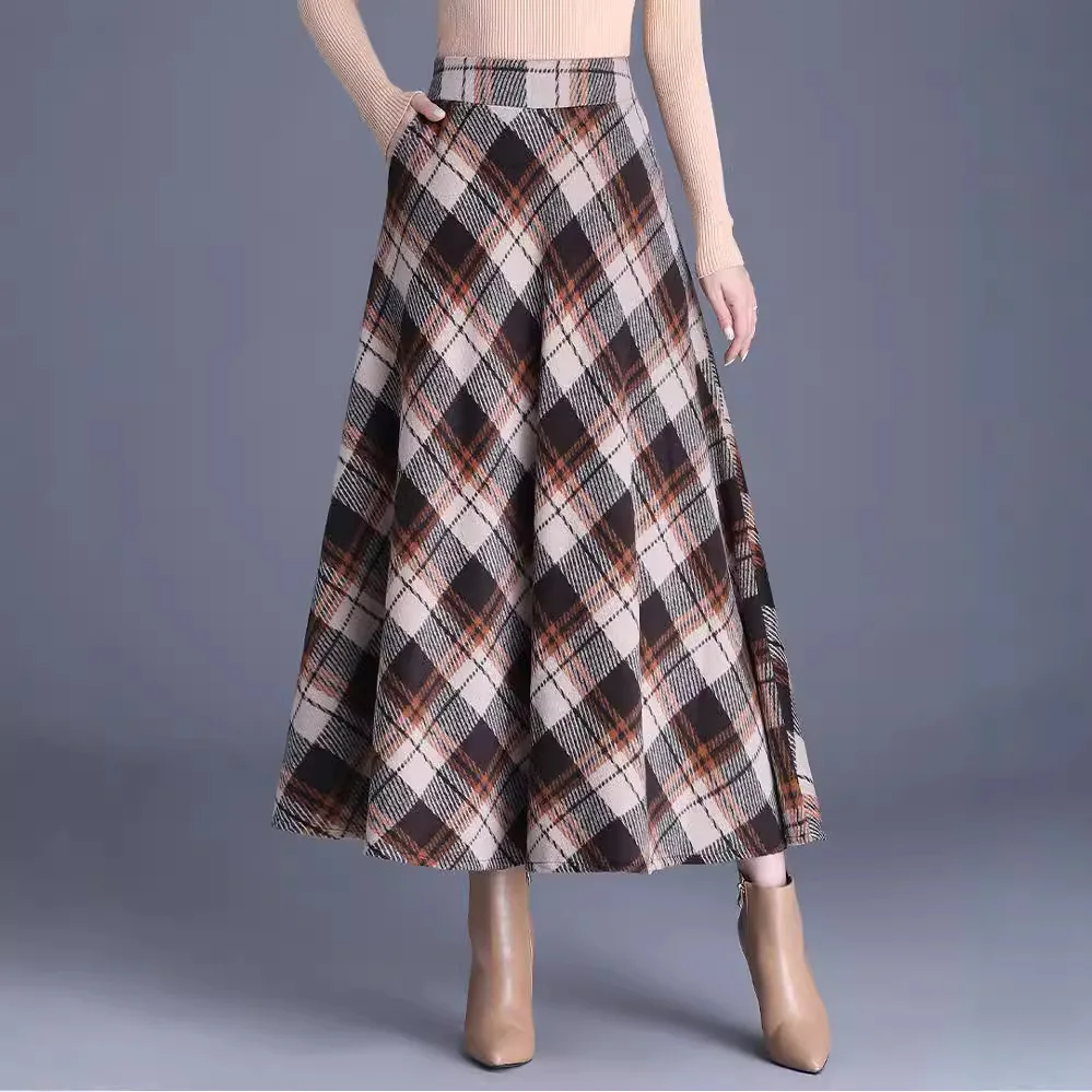 

2025 Autumn Winter New Women's High Waist Plaid Skirt Elastic Waist Woolen Flared A-line Skirt Summer Dress Robe Vestido Women