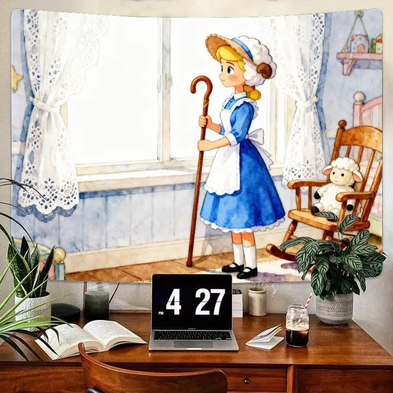 

1 шт. милый гобелен с овчаркой Bo Peep, синее платье, ягненка Kawaii Cottagecore, полиэстер, настенное искусство для спальни, гостиной, декора, подарок.