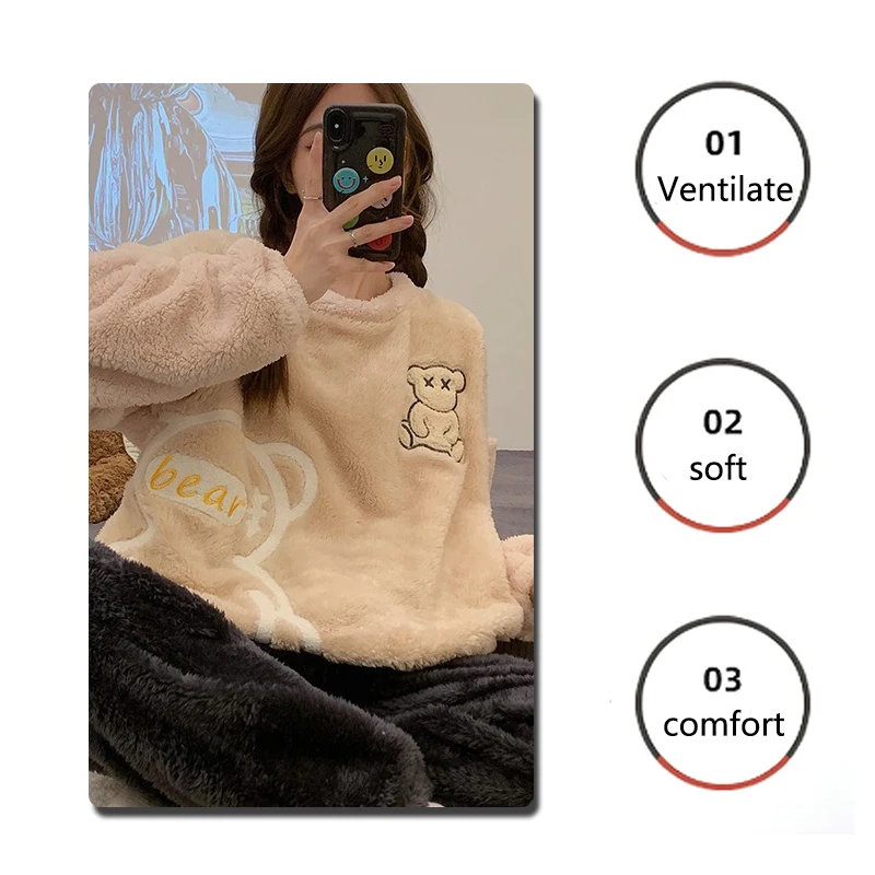 厚く暖かいフランネルパジャマ冬用ホームウェアラウンドネックトップスとズボンナイトウェアコーラルベルベット2点セットパジャマ