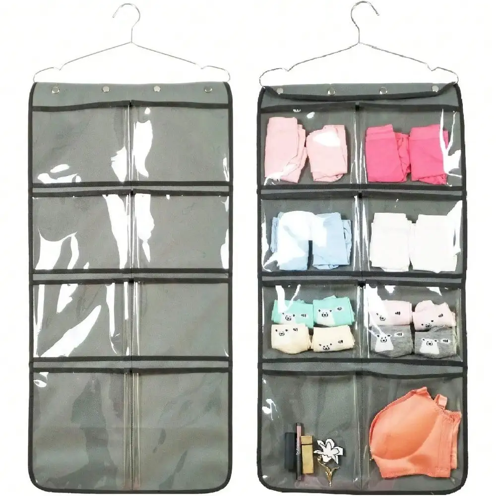 

Dual-Sided Hanging Closet Organizer With 16 Large Clear Pockets, Underwear, Sock & Bra Storage Pouch (Grey)