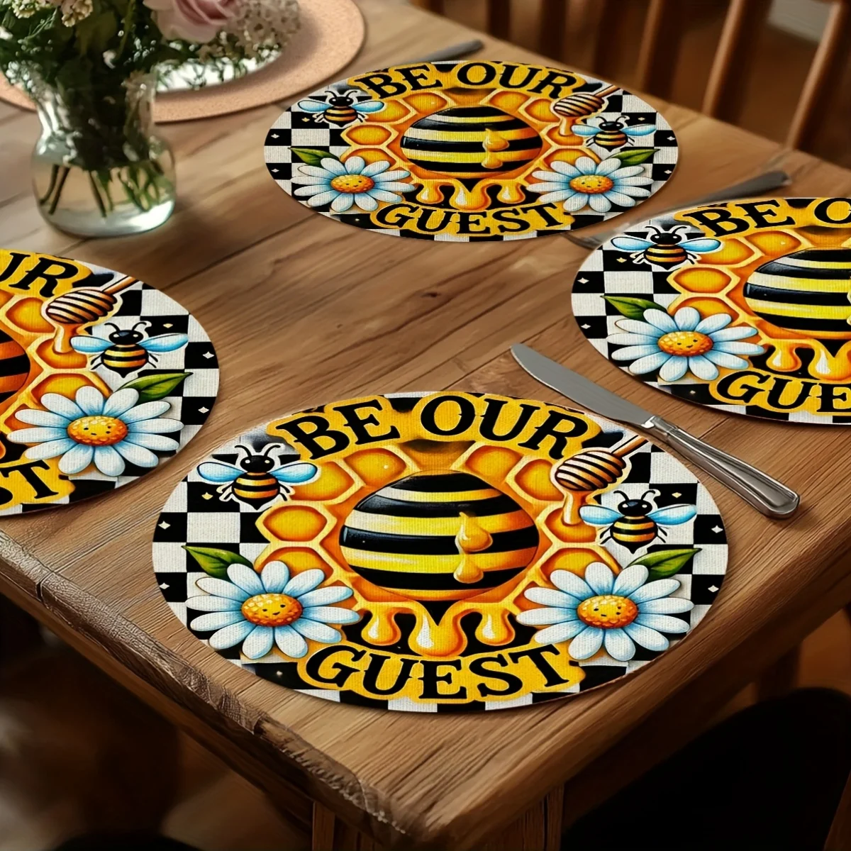 4 polyester placemats, measuring 15x15 inches, featuring a bee wreath design with a honeycomb pattern, perfect for summer-themed table decor, perfect for holiday gatherings and home decor, perfect for holiday table arrangements