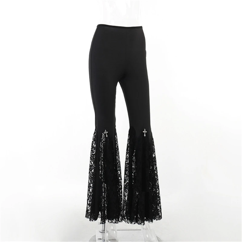 Gothic Flared Pants Sexy Black Lace Patchwork High Waist Trousers Vintage Harajuku Punk Streetwear Y2K Pants