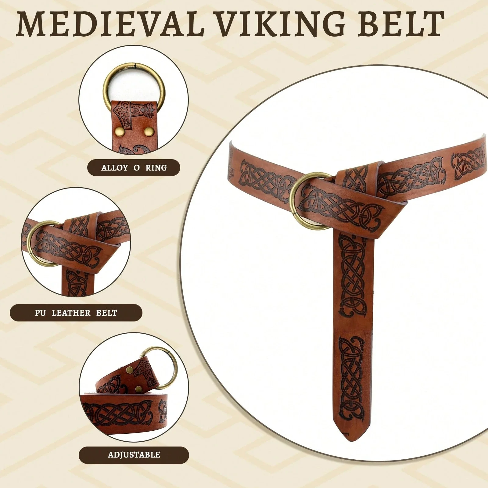 1/2pcs Medieval Embossed PU Leather O-Ring Belt, Retro Renaissance Knight Belt Harness