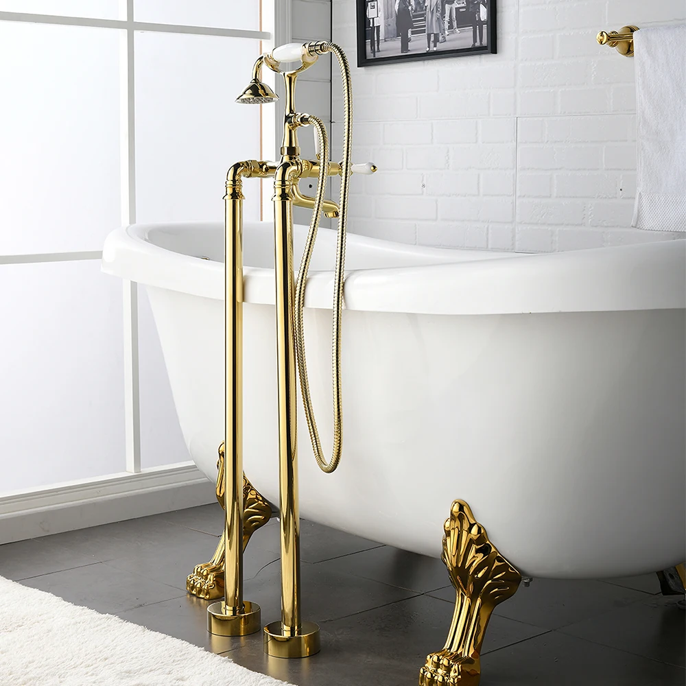 Skowll Piso Montagem em pé Torneira da Banheira Cruz Botões Bico com Handheld Pulverizador tipo Telefone