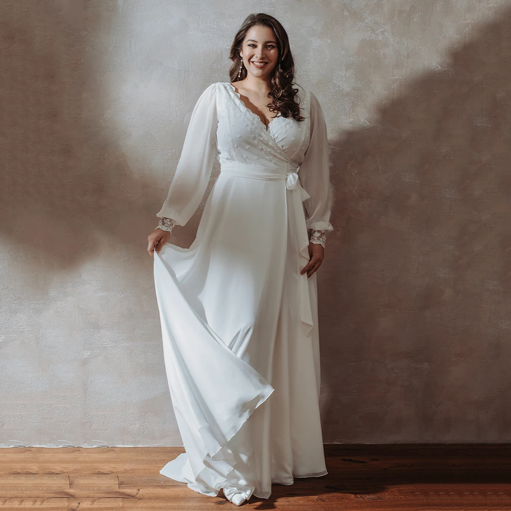 Modest Plus Size Wedding Dresses Chiffon Beach Long Sleeves Bridal Gown Deep V-neck Bride Dress Customized Robe de Mariee