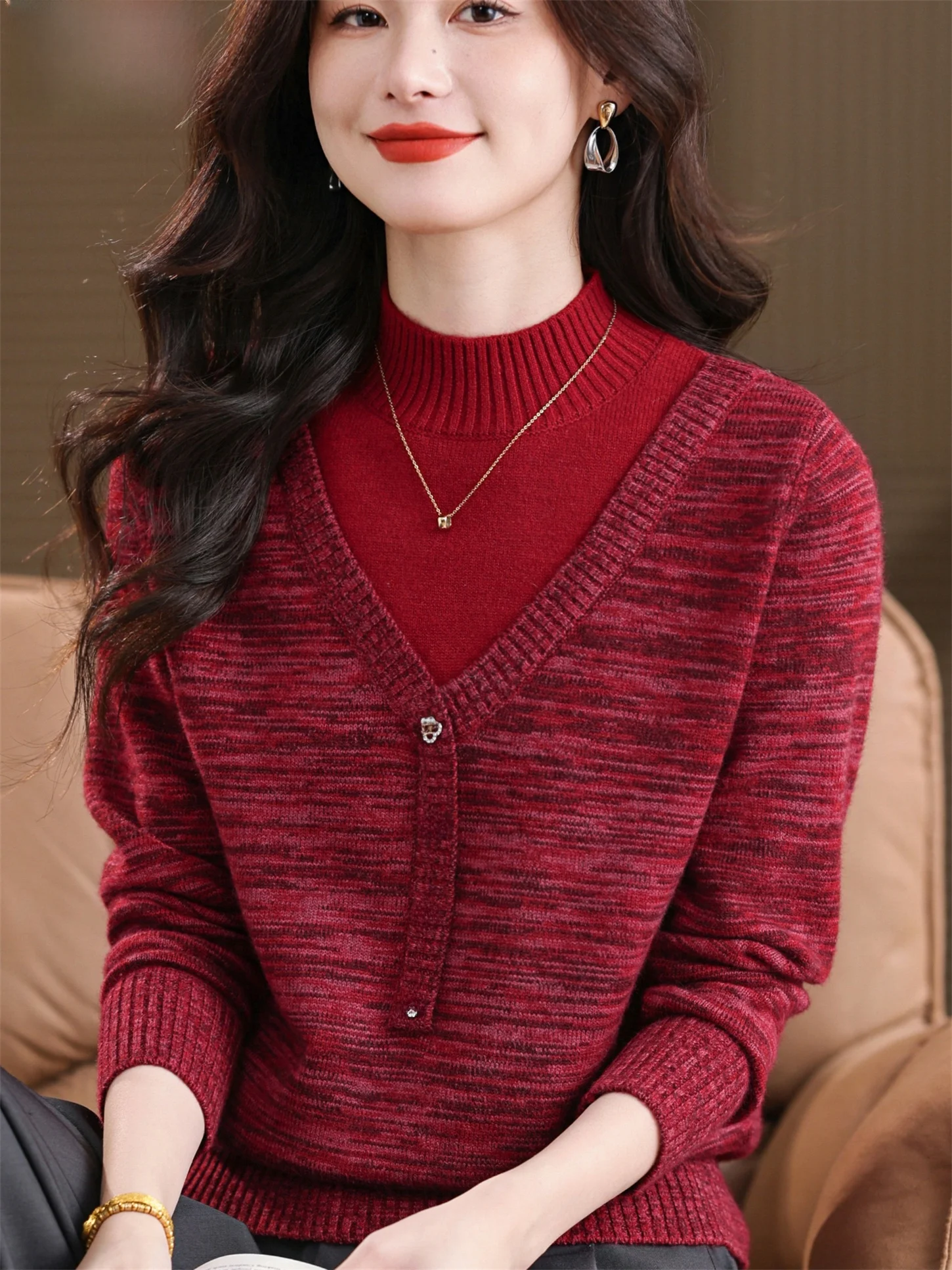 

Теплый вязаный свободный женский свитер с высоким воротником и высоким воротником, модный верхний топ для внутреннего ношения для среднего возраста и ...