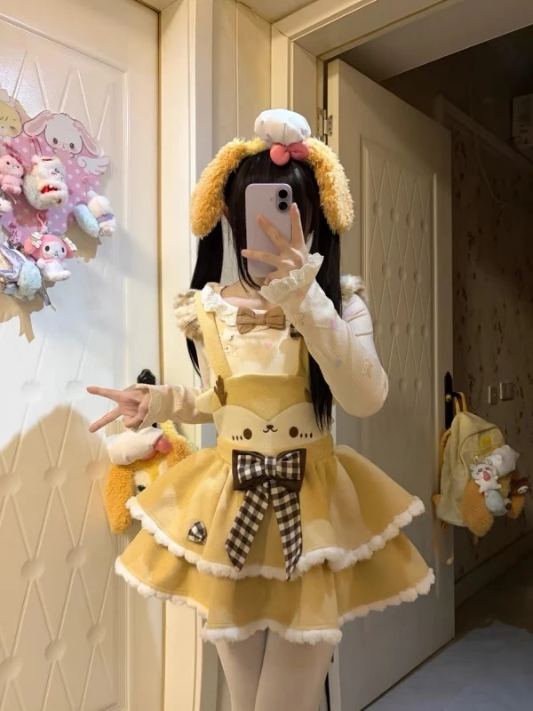 

Очаровательный комплект Sweet Lolita Sle, женский желтый галстук-бабочка в горошек с принтом, базовый комплект из двух предметов, Новое поступление, зимний длинный комплект...