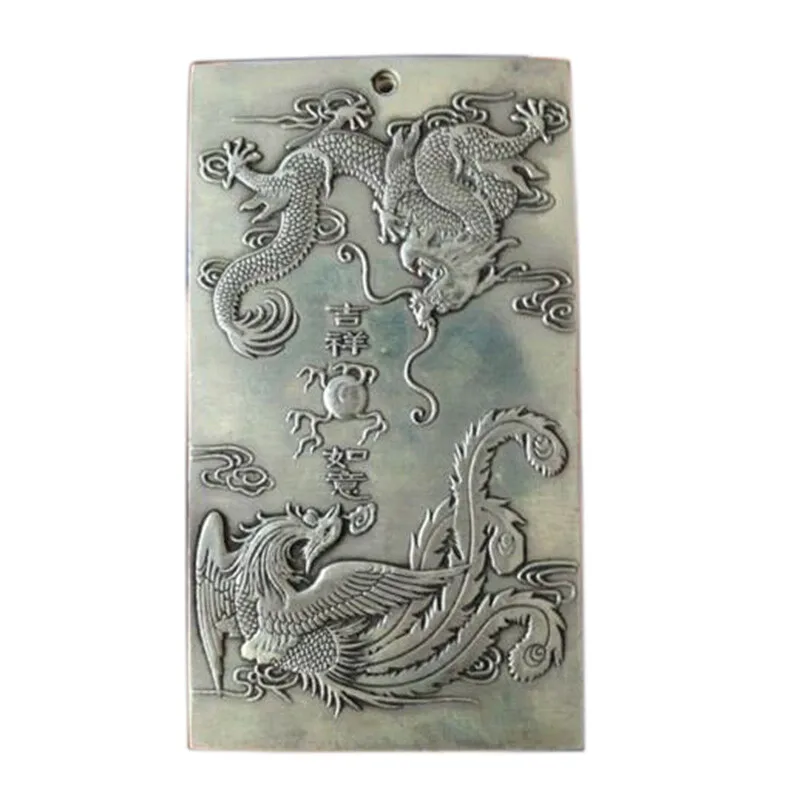 Old Chinese Tibet Dragon Phoenix lucky Bullion Thanka Amulet Pendant Silver Gift
