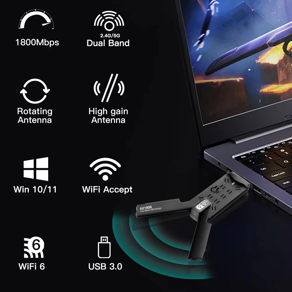 1800Mbps WiFi 6 USB محول ثنائي النطاق 2.4G/5Ghz واي فاي دونغل 802.11AX هوائي قوي استقبال لاسلكي للكمبيوتر/الكمبيوتر المحمول Win 10/11 #5
